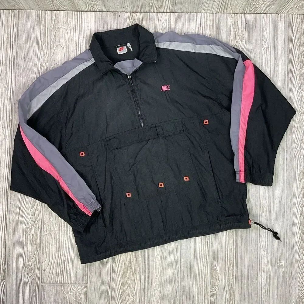 Vintage Nike Grey Label Men’s Large Black Nylon Windbreaker Anorak Jacket